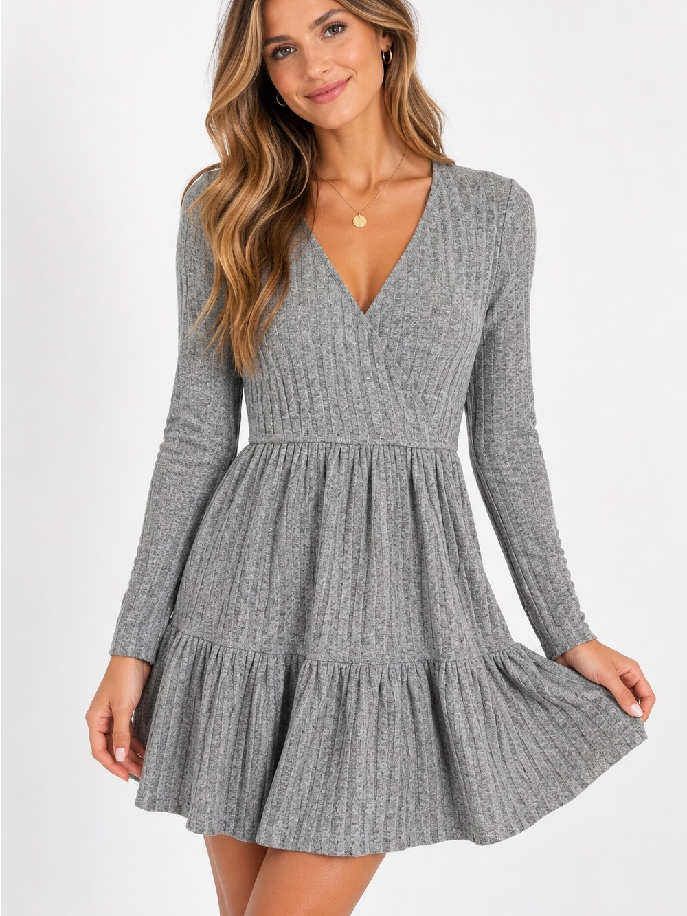 NWT Cupshe Grey Ribbed V-Neck Long Sleeve Tiered Mini Dress stretch Size Medium